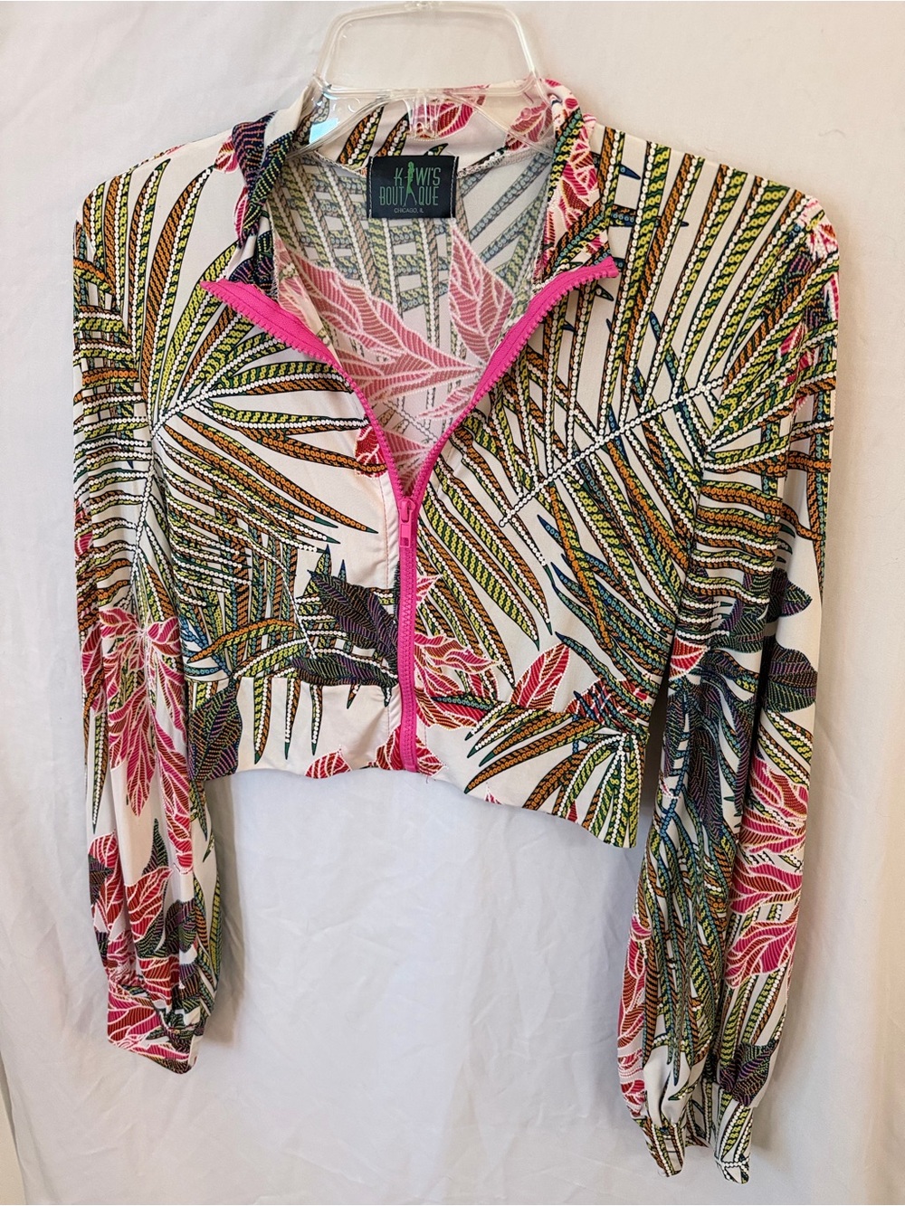 Cropped Zip Front Jacket Pink Green Leaf Print Lightweight Size L